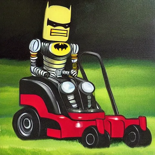 Prompt: 1 6 0 0 painting of a robot lawn mower looking like batman