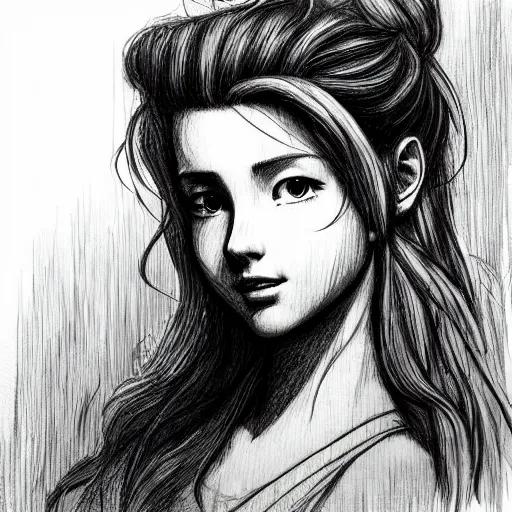 Image similar to daydreaming Aerith Gainsborough close-up portrait looking straight on, complex artistic color ink pen sketch illustration, full detail, gentle shadowing, fully immersive reflections and particle effects, chromatic aberration, statue.