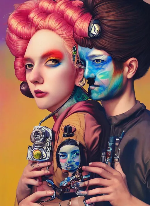 Prompt: beautiful portrait painting of a cute Australian lofi cyberpunk princess and her corgi assassin king, by Afarin Sajedi, Alessandro Barbucci, Alex Gross, Shin Jeongho, Shohei Otomo. trending on Artstation, 8k, masterpiece, face enhance, graffiti paint, fine detail, full of color, intricate detail, golden ratio illustration