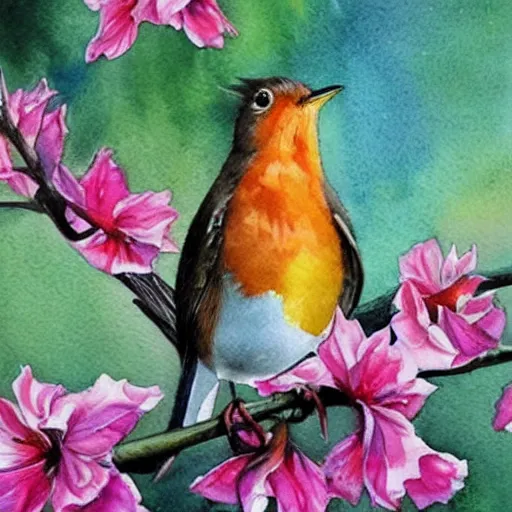 Prompt: watercolor painting of robin bird, very very very very very beautiful nature art, masterpiece, realistic and detailed