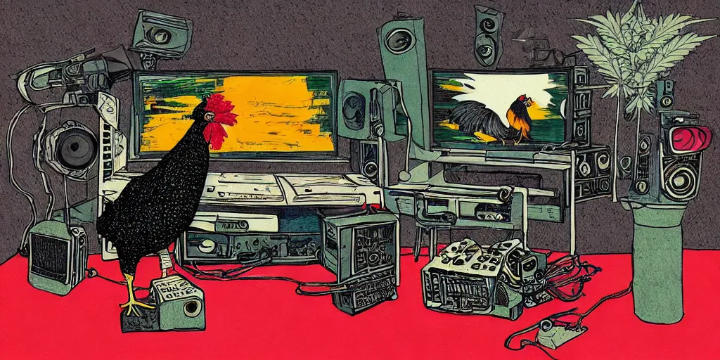 Image similar to 'black rooster'!!! smoking 'cannabis'!!!!!! in front of 'audio console'!!!! and 'multi monitors and projectors'!!!! 'in a hi-tech tv broadcasting studio with red camera rig'!!!!, artwork by James Gilleard