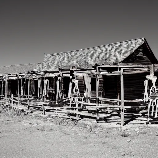 Prompt: old west ghost town, skeletal remains, eerie