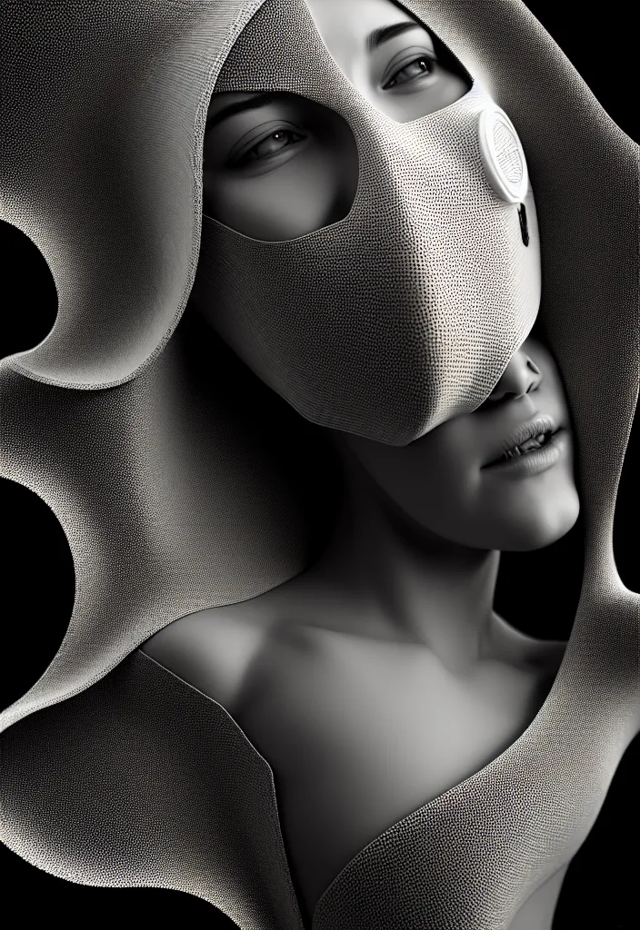 Image similar to young beautiful woman with a face medical mask. fractal, mandelbulb, speed painting, scribble art, octane render. black and white. intricate details, 8k, 3D, beautiful, cinematic. futurism, Unreal Engine, photorealistic.