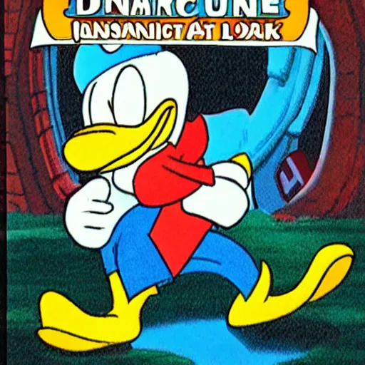 Image similar to donald duck, in a lost ancient city, by carl barks, atmospheric lights