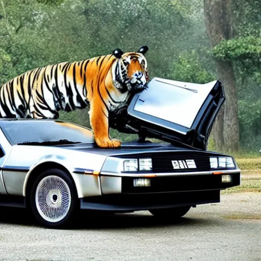 Image similar to a delorean protecting a tiger,