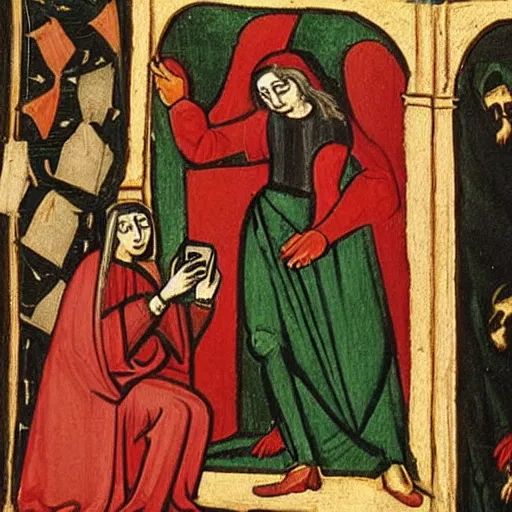 Prompt: medieval painting of the devil tempting a woman checking her iphone