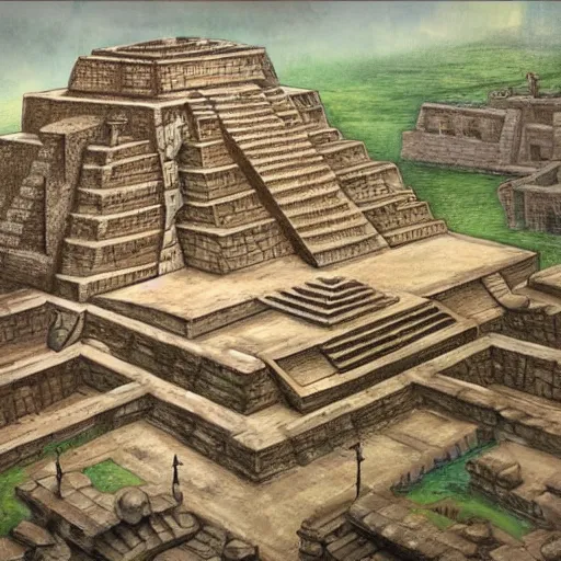 Image similar to 3/4 perspective, mayan influenced architecural painting of a hidden city with a large statue in the middle of a courtyard, artstation, highly detailed,