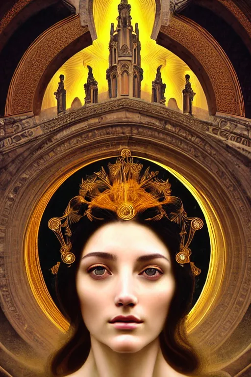 Image similar to portrait of a beautiful goddess face merging with a cathedral building, unusual beauty, etheric, emotionally evoking symbolic metaphors, head in focus, fantasy, ornamental, intricate, elegant, sensual, highly detailed digital painting, artstation, concept art, painterly, golden ratio, sharp focus, illustration, art by Antonio Mora and John William Godward and Alphonse Mucha and Zdzisław Beksiński,