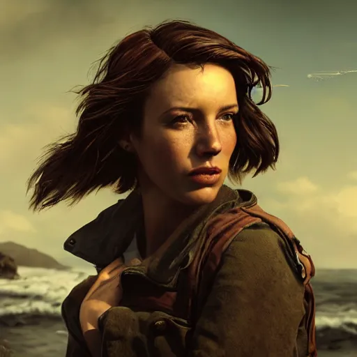 Prompt: fallout 5, charismatic beautiful rugged brunette female protagonist, portrait, outdoors coastal area with a marooned fishing boat, atmospheric lighting, painted, intricate, volumetric lighting, beautiful, daytime, sunny weather, slight overcast, sharp focus, deep colours, ultra detailed, by leesha hannigan, ross tran, thierry doizon, kai carpenter, ignacio fernandez rios