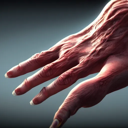 Image similar to A beautiful hyper realistic ultra detailed lifelike cinematic still of hand with 26 fingers, unreal engine, deviantart, flickr, artstation, octane render, textured, colorful, extreme realistic detail, physically based rendering, pbr render, very detailed, volumetric lighting, detailed lighting, octane render, 4k, cinematic lighting, 8k resolution