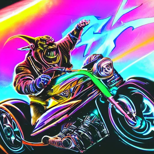 Prompt: psychedelic blacklight neon airbrush artwork, motorcycle, hyper stylized action shot of an orc popping a wheelie on a motorcycle, menacing orc, clear focused details, soft airbrushed artwork, black background, apocalyptic, cgsociety, artstation, peter lloyd art, peter palombi art