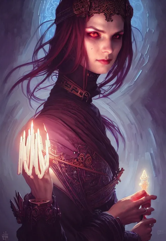 Image similar to Necromancer Sorceress in center, fantasy magic, undercut hairstyle, dark light night, intricate, elegant, sharp focus, illustration, highly detailed, digital painting, concept art, matte, art by WLOP and Artgerm and Greg Rutkowski and Alphonse Mucha, masterpiece