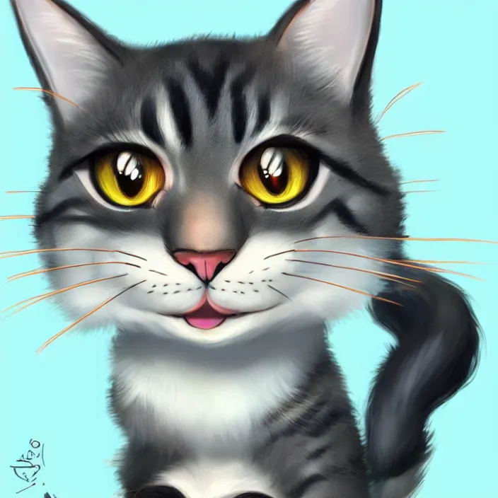 Image similar to cute cat of cheshire an adorable cat with black and blue stripes, big eyes and a big playful smile. award - winning digital art, trending on artstation