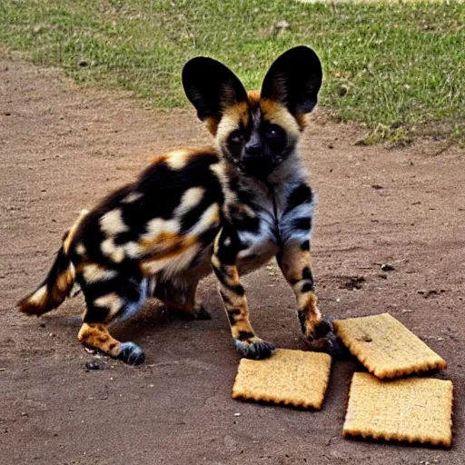 Prompt: a blissful african wild / painted dog pup eating and licking his graham crackers ( that i just tossed him ) : a good boy