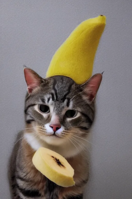 Image similar to realistic photo of an adorable cat wearing a banana hat, highly detailed,