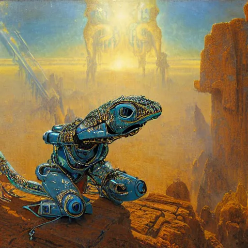 Image similar to highly detailed painting of a robotic humanoid lizard mecha, painting by gaston bussiere, craig mullins, j. c. leyendecker, lights, art by ernst haeckel, john william godward, hammershøi, alex grey, dmt, symmetric, masterpiece details, hyper - detailed, hd, hdr, 4 k, 8 k