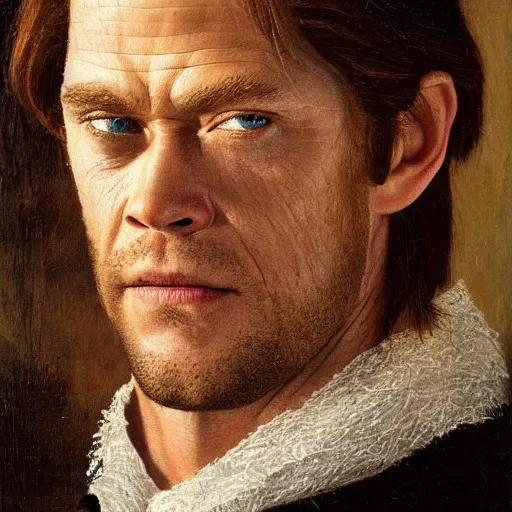 Image similar to portrait of chris hemsworth combined with willem dafoe and steve buscemi, oil painting by jan van eyck, northern renaissance art, oil on canvas, wet - on - wet technique, realistic, expressive emotions, intricate textures, illusionistic detail