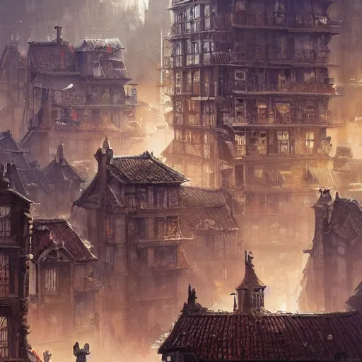 Image similar to buildings had built from stone blocks, with tile roofs, and simple, peaked wooden roofs. the structures were packed closely together, making them seem squat. the tenements and shops were uniform in appearance ; by greg rutkowski, james jean, peter mohrbacher