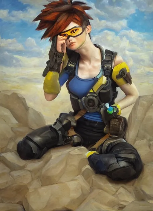 Image similar to oil painting of crying depressed screaming tracer overwatch in the style of sophie anderson, on knees,