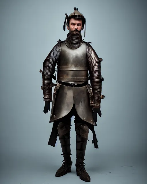 Image similar to an award - winning photo of an ancient male model wearing a plain baggy teal distressed medieval designer menswear swedish police jacket slightly inspired by medieval armour designed by alexander mcqueen, 4 k, studio lighting, wide angle lens