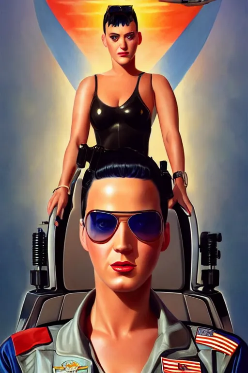 Image similar to katy perry in the movie top gun, realistic portrait, symmetrical, highly detailed, digital painting, artstation, concept art, smooth, sharp focus, illustration, cinematic lighting, art by artgerm and greg rutkowski and alphonse mucha