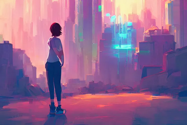 Image similar to a digital art of a selfie of max caulfield standing in a metropolis, youth, light effect, highly detailed, by anton fadeev, by jim burns, a realism masterpiece