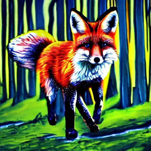 Prompt: fox running through the woods, pop art, high definition