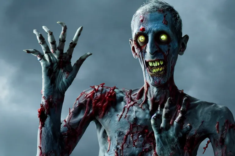 Image similar to film still of zombie zombie Ebony Maw as a zombie in new avengers movie, 4k