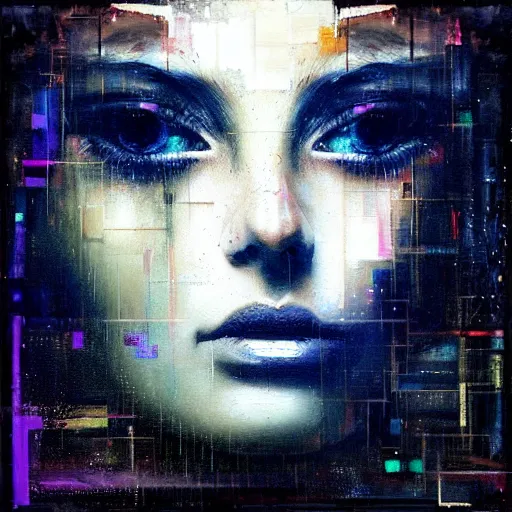 Prompt: hyperrealistic portrait of a beautiful young women with shining crystal eyes, by Guy Denning, by Johannes Itten, by Russ Mills, centered, glitch art, hacking effects, digital tech effects, cyberpunk, color blocking!, oil on canvas, intricate detail, concept art, abstract, detailed lines, clean, polished, symmetrical eyes, symmetrical, octane, cgsociety, 8k, trending on artstation