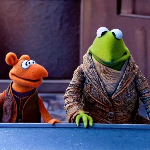Prompt: The muppets in Dune (2021) dynamic action battle, highly textured, hyperrealism, god rays, award winning, gritty