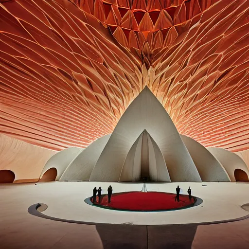 Image similar to interior of a futuristic lotus temple with gold, red and white marble panels, in the desert, by buckminster fuller and syd mead, intricate contemporary architecture, photo journalism, photography, cinematic, national geographic photoshoot