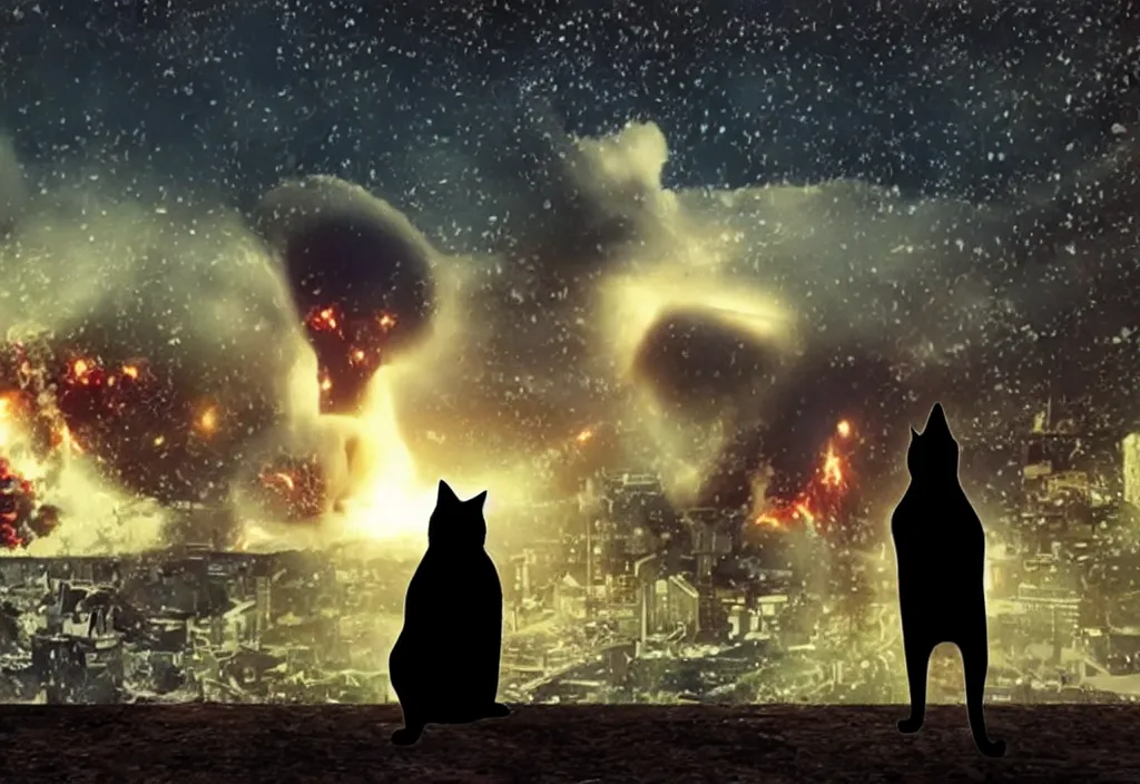 Image similar to old manwith black cat watching nuke explosion cinematic, background blur bokeh, world ending nuke, 4 k