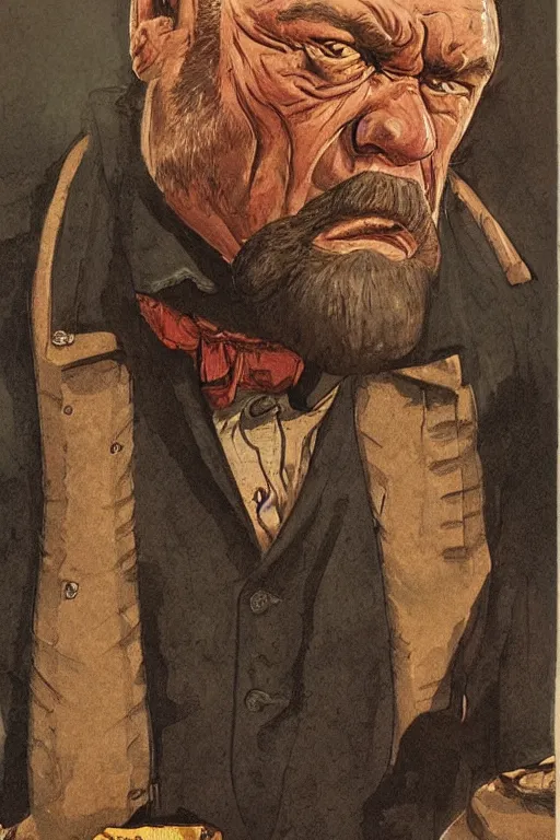 Image similar to vernon. Smug old west circus strongman. concept art by James Gurney and Mœbius.