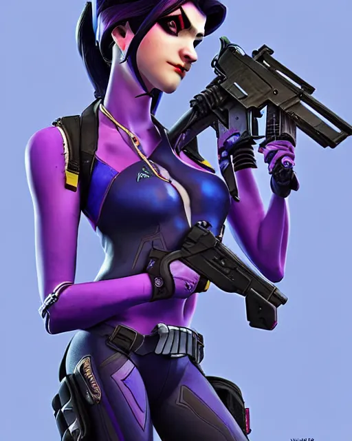 Image similar to widowmaker from overwatch, intricate details, highly detailed, in the style of grand theft auto 5 cover art