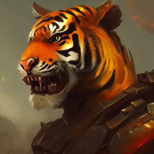 Image similar to commission portrait of a male anthro tiger wearing heavy combat armour.dramatic,character design by charles bowater,greg rutkowski,ross tran,hyperdetailed,hyperrealistic,4k,deviantart,artstation,professional photography,concept art