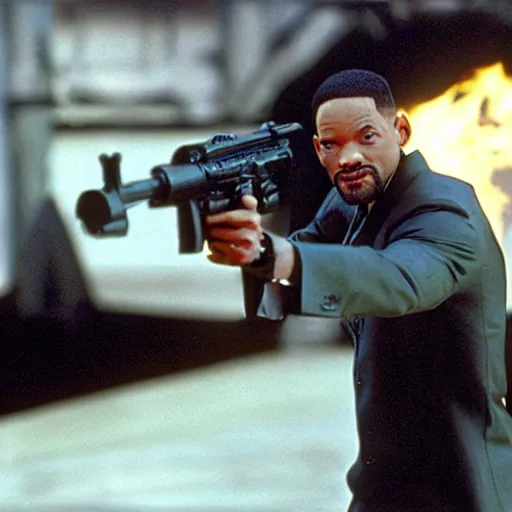 Image similar to film still of Will Smith as Neo in the construct with the gun racks in The Matrix 1999