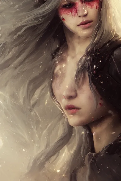 Image similar to a fancy portrait of a beautiful young teenage ripped girl with long white hair by greg rutkowski, sung choi, mitchell mohrhauser, maciej kuciara, johnson ting, maxim verehin, peter konig, bloodborne, 8 k photorealistic, cinematic lighting, hd, high details, dramatic, dark atmosphere, trending on artstation