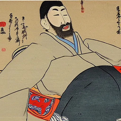 Prompt: an old japanese painting of jason schwartzman with a very big belly