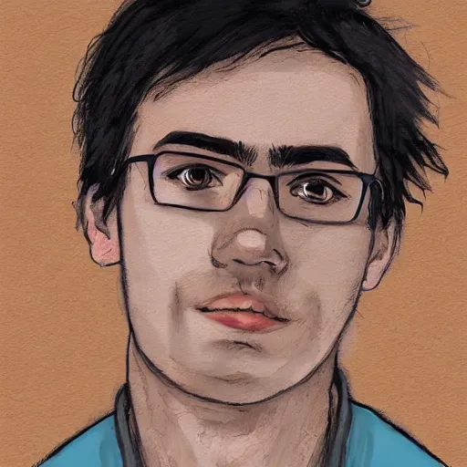 Image similar to a head - on comic - style portrait of a 2 0 - something engineering student, brown messy hair, by laurie greasly