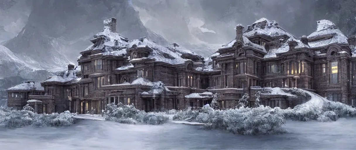 Prompt: “Sci-fi Concept art of a mansion in the snow. Canadian countryside. Mountains. Lake. Hills. Matte painting, realistic, high detail, 4k”
