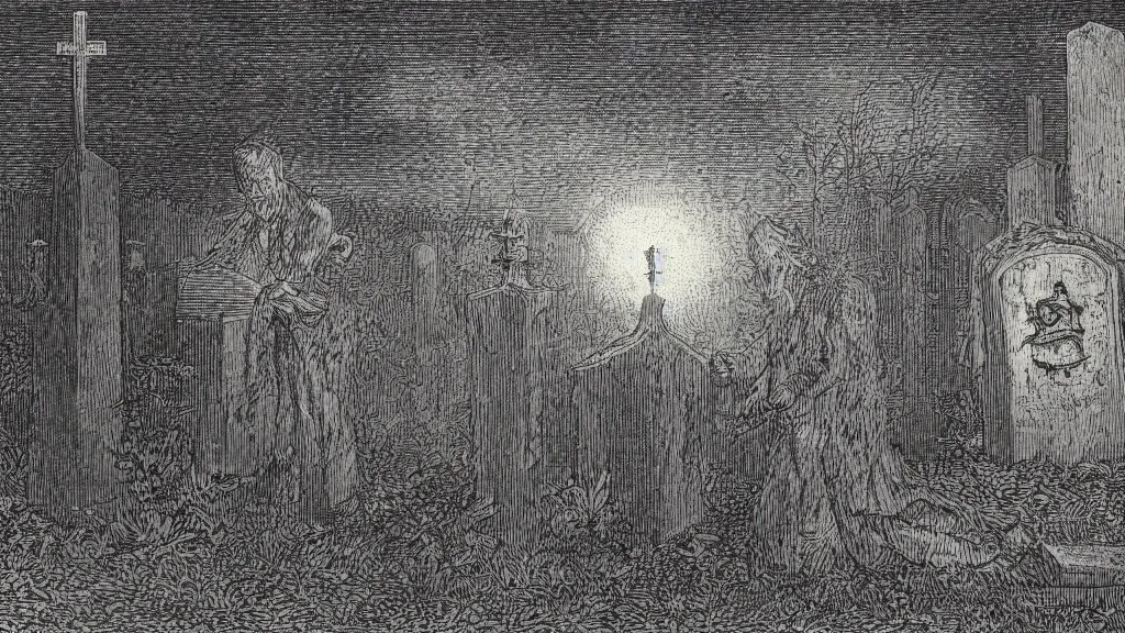 Prompt: an etching of a necromancer in a cemetery at night raising the dead