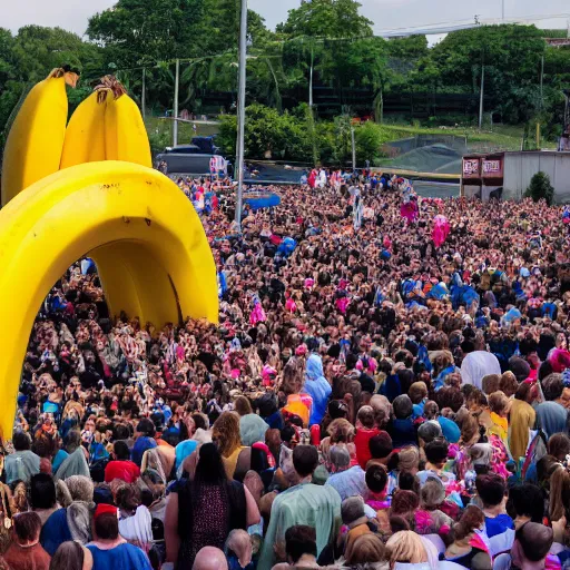 Prompt: a crowd of people worshipping a giant banana