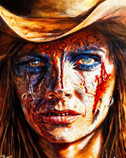 Prompt: acrylic portrait of scarred cowgirl with with burning glowing eyes, high production value, intricate details, high resolution, hdr, high definition, masterpiece, realistic, ultrarealistic, highly detailed, hd, sharp focus, non blurry, sharp, smooth