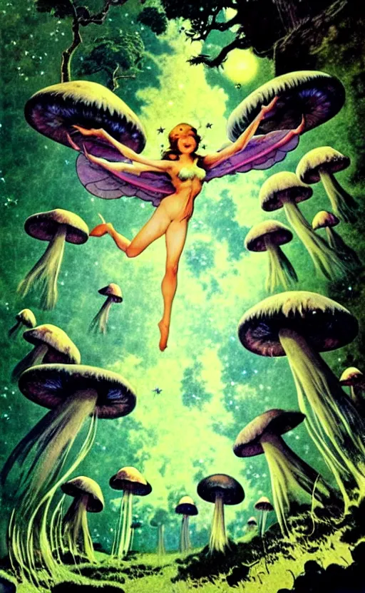 Image similar to stars in the sky fairies flying into an enchanted forest mushrooms on the ground psychedelic wide angle shot white background vector art illustration by frank frazetta