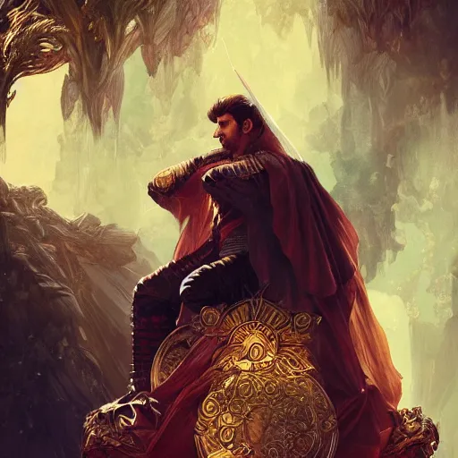 Image similar to Messi sitting on a majestic throne, closeup, D&D style, fantasy, intricate, elegant, highly detailed, digital painting, artstation, concept art, matte, sharp focus, illustration, art by Artgerm and Greg Rutkowski and Alphonse Mucha