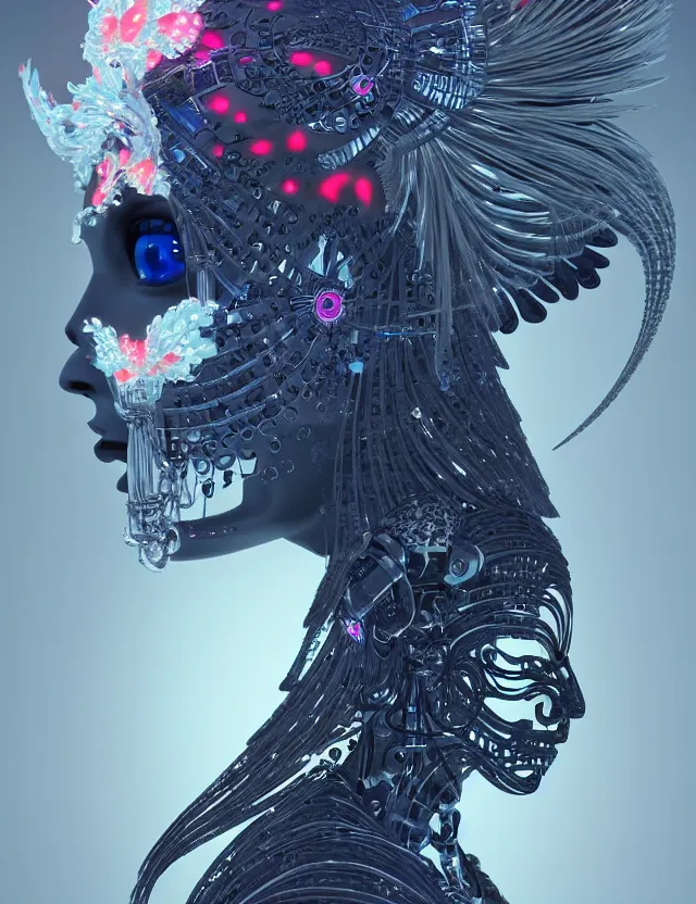 Prompt: 3 d goddess close - up profile simple portrait cybernetic with skull. beautiful intricately detailed japanese crow kitsune mask and clasical japanese kimono. betta fish, jellyfish phoenix, bio luminescent, plasma, ice, water, wind, creature, artwork by tooth wu and wlop and beeple and greg rutkowski