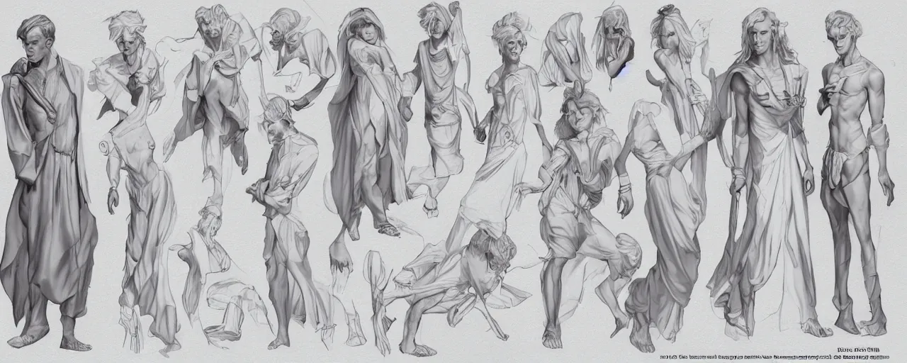 Image similar to character design, reference sheet, ancient white dress, relaxing, cute, super tale, slim, young male, happy, beautiful, elegant, no shoes, open v chest clothes, long silver hair, concept art, photorealistic, hyperdetailed, 3d rendering! , art by Leyendecker! and constable,