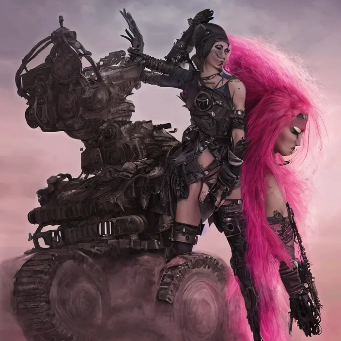 Image similar to beautiful apocalyptic woman with pink Mohawk, standing on mad max panzer tank, epic, smooth, sharp focus, 4k ultra hd, fantasy dark art, tank girl, artgerm, artstation, octane render, elegant, detailed digital painting