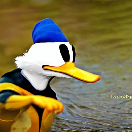 Prompt: real life donald duck, ultra realistic, sharp focus, wildlife photography, award winning photography