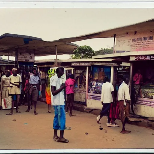 Image similar to old polaroids of futuristic african bus stops with informal sellers and digital screens, big crowd, robotic police guards watch over the crowd